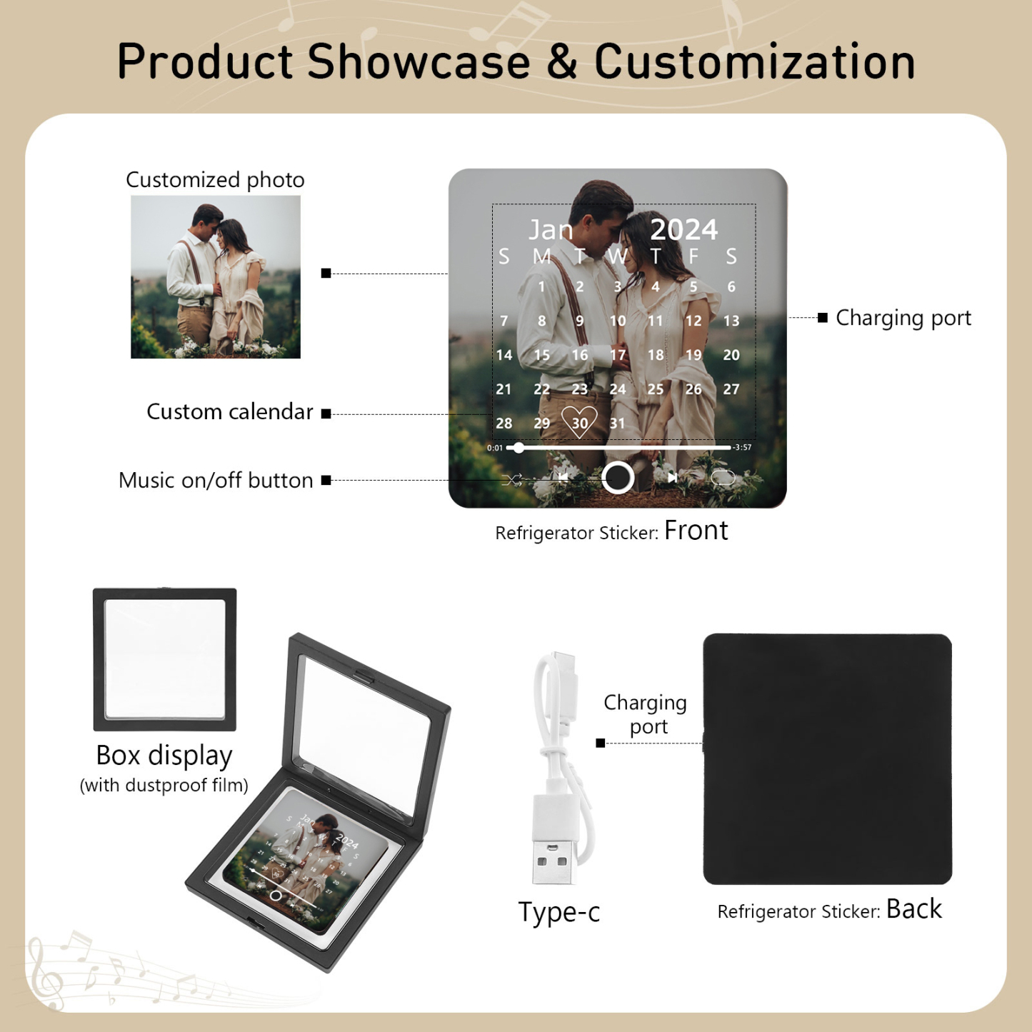 Personalisiertes Foto & Lied & Kalender Acryl-Musik-Kühlschrankmagnet - Geschenk für Paar