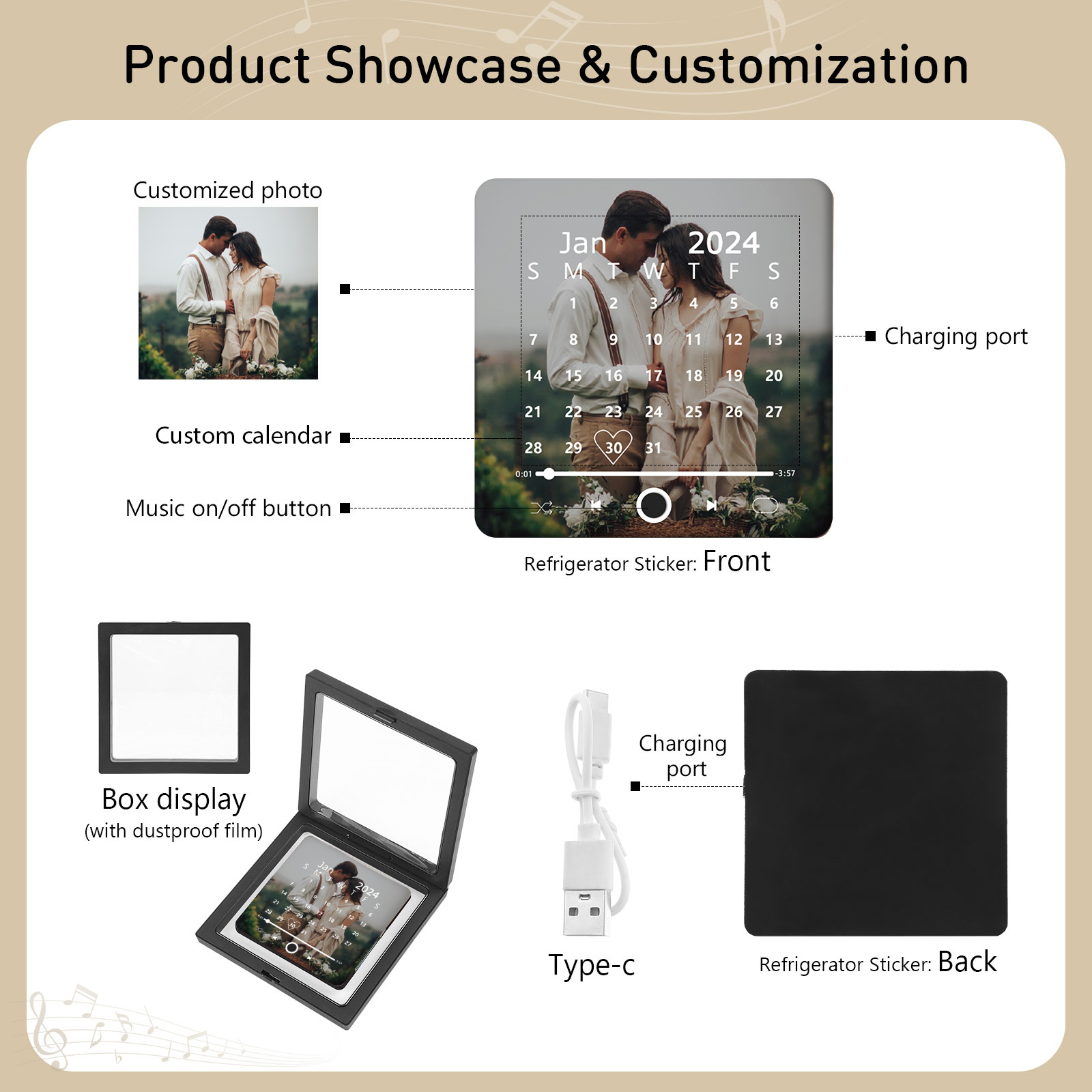 Personalisiertes Foto & Lied & Kalender Acryl-Musik-Kühlschrankmagnet - Geschenk für Paar