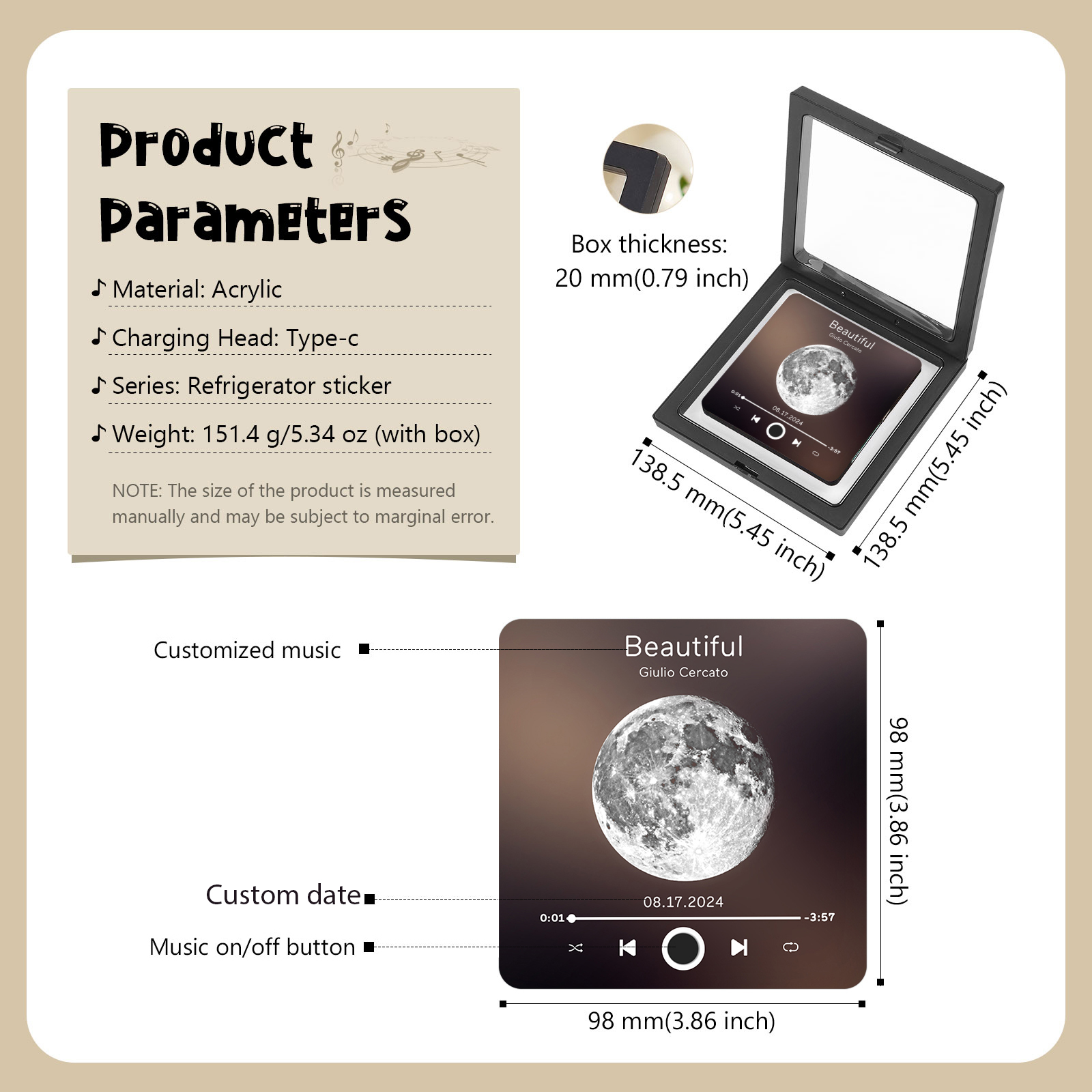 Personalisiertes Lied & Datum Matte Schwarz Acryl-Musik-Kühlschrankmagnet - Geschenk für Paar