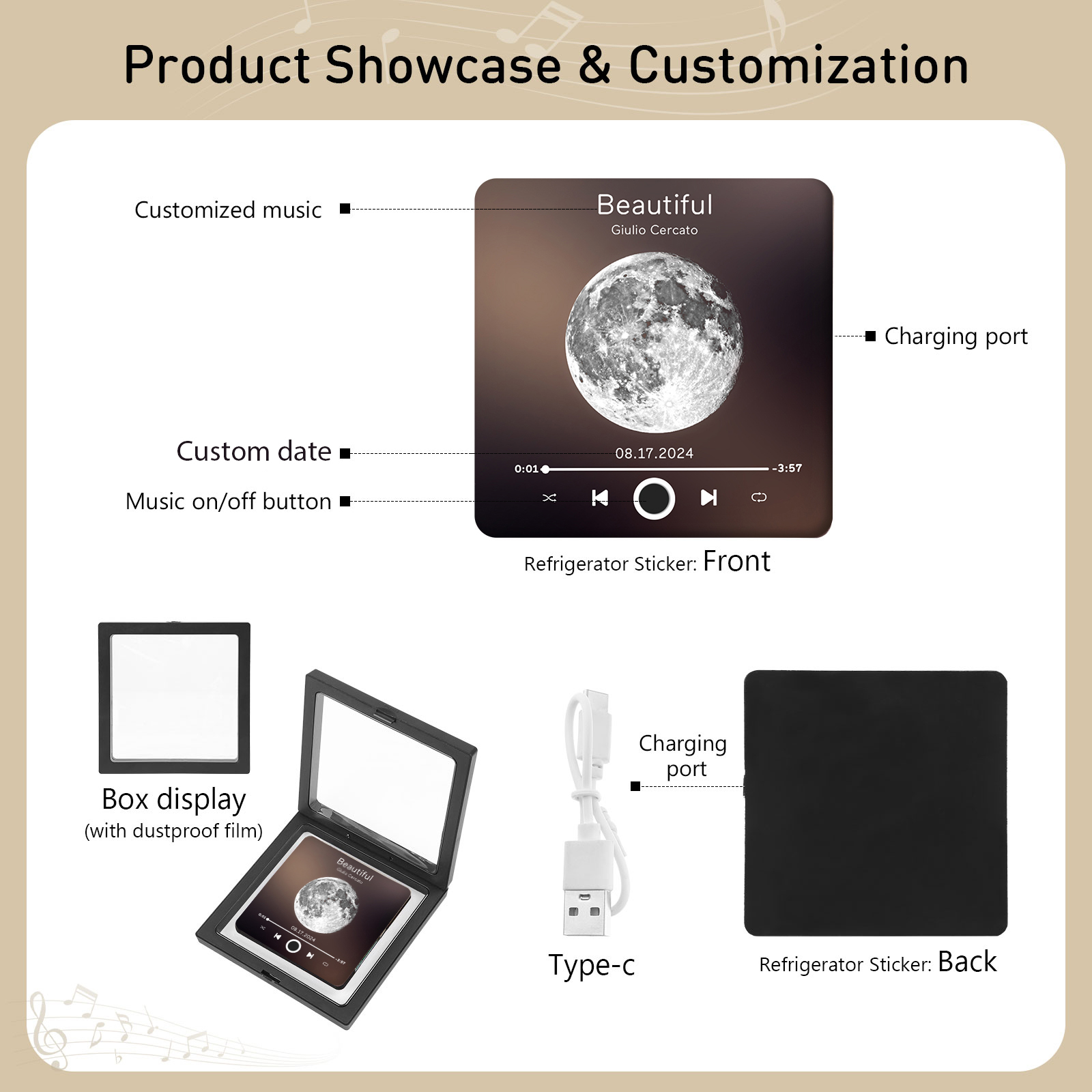 Personalisiertes Lied & Datum Matte Schwarz Acryl-Musik-Kühlschrankmagnet - Geschenk für Paar