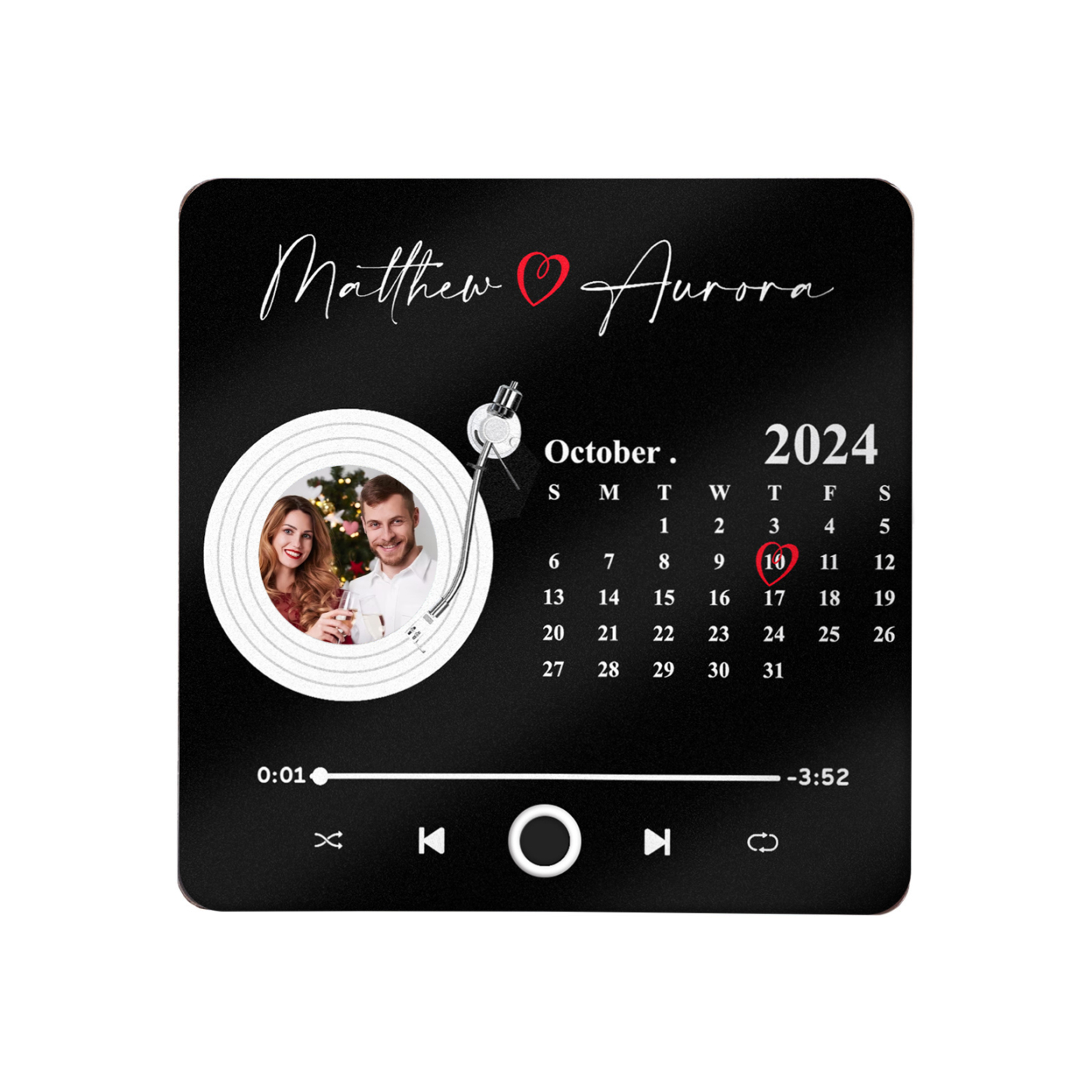 Personalisiertes Foto & Lied & Kalender & 2 Namen Schwarz Acryl-Kühlschrankmagnet für Paar