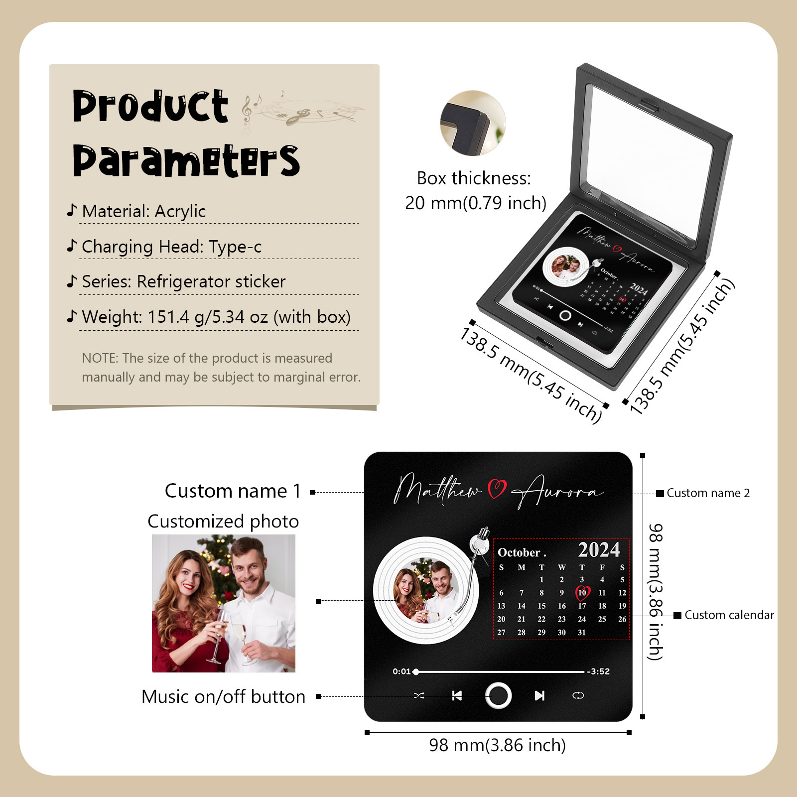 Personalisiertes Foto & Lied & Kalender & 2 Namen Schwarz Acryl-Kühlschrankmagnet für Paar