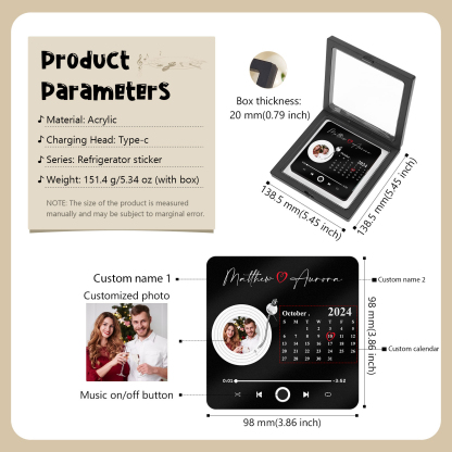 Personalisiertes Foto & Lied & Kalender & 2 Namen Schwarz Acryl-Kühlschrankmagnet für Paar