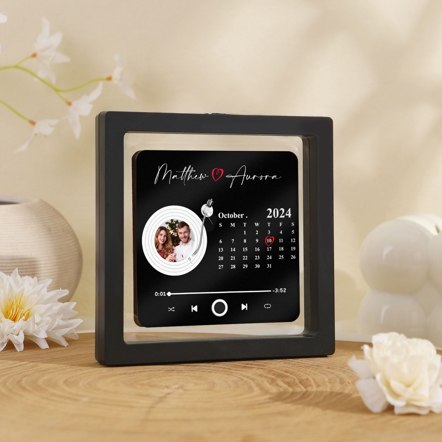 Personalisiertes Foto & Lied & Kalender & 2 Namen Schwarz Acryl-Kühlschrankmagnet für Paar