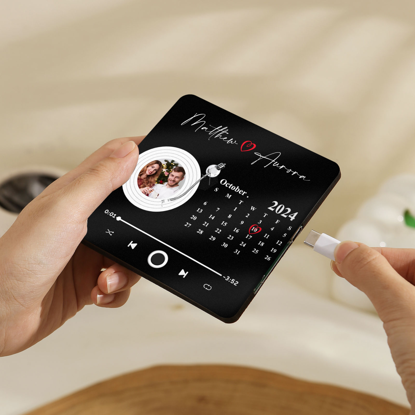 Personalisiertes Foto & Lied & Kalender & 2 Namen Schwarz Acryl-Kühlschrankmagnet für Paar