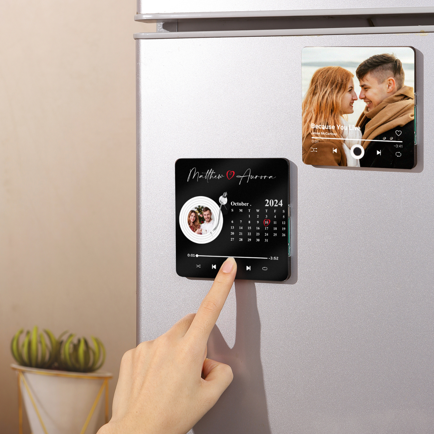 Personalisiertes Foto & Lied & Kalender & 2 Namen Schwarz Acryl-Kühlschrankmagnet für Paar