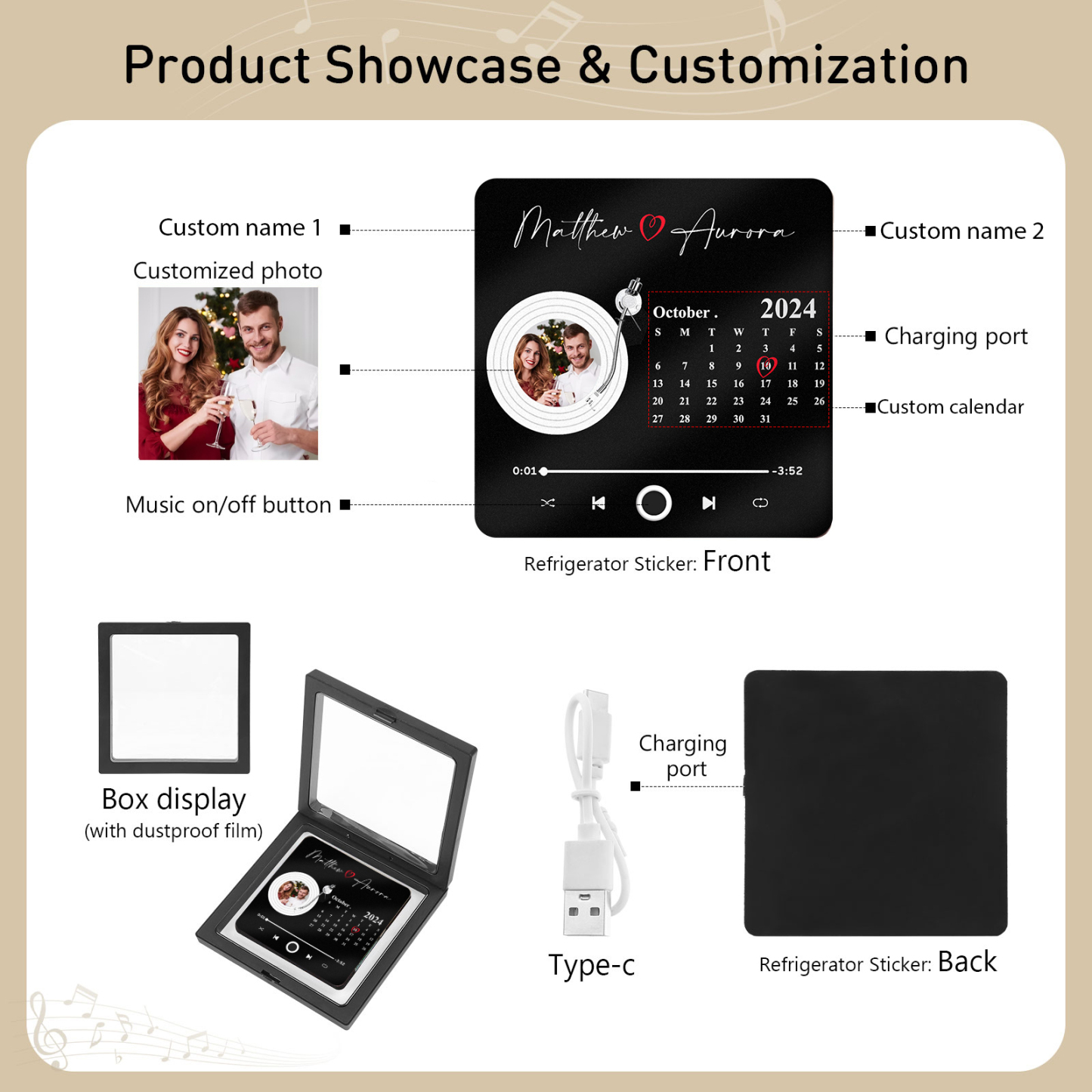 Personalisiertes Foto & Lied & Kalender & 2 Namen Schwarz Acryl-Kühlschrankmagnet für Paar