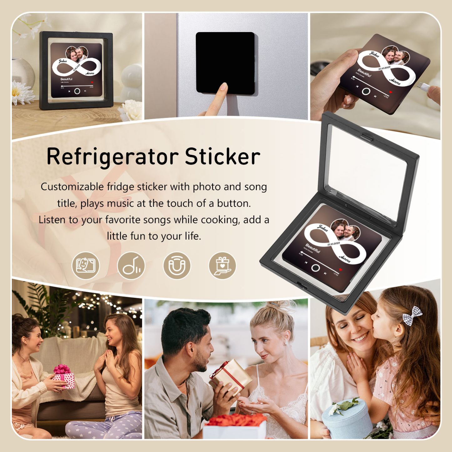 Personalisiertes Foto & 2 Namen & Lied & Datum Matte Schwarzgold Acryl-Musik-Kühlschrankmagnet - Geschenk für Paar