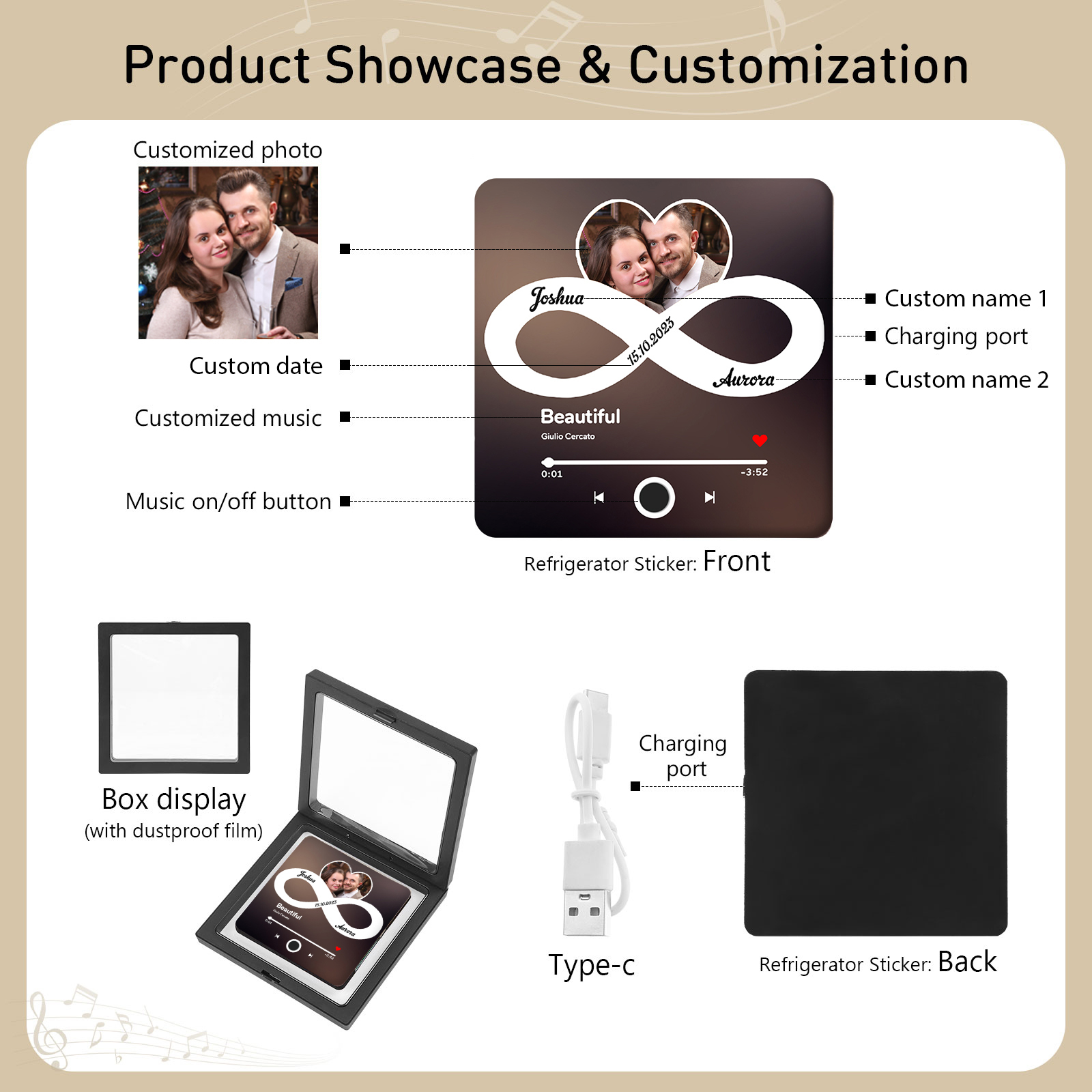 Personalisiertes Foto & 2 Namen & Lied & Datum Matte Schwarzgold Acryl-Musik-Kühlschrankmagnet - Geschenk für Paar