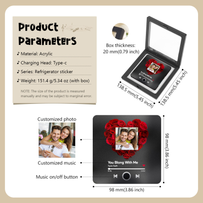 Personalisiertes Foto & Lied Bunt/ Schwarz Acryl-Kühlschrankmagnet mit Player-Display-Motiv für Paar