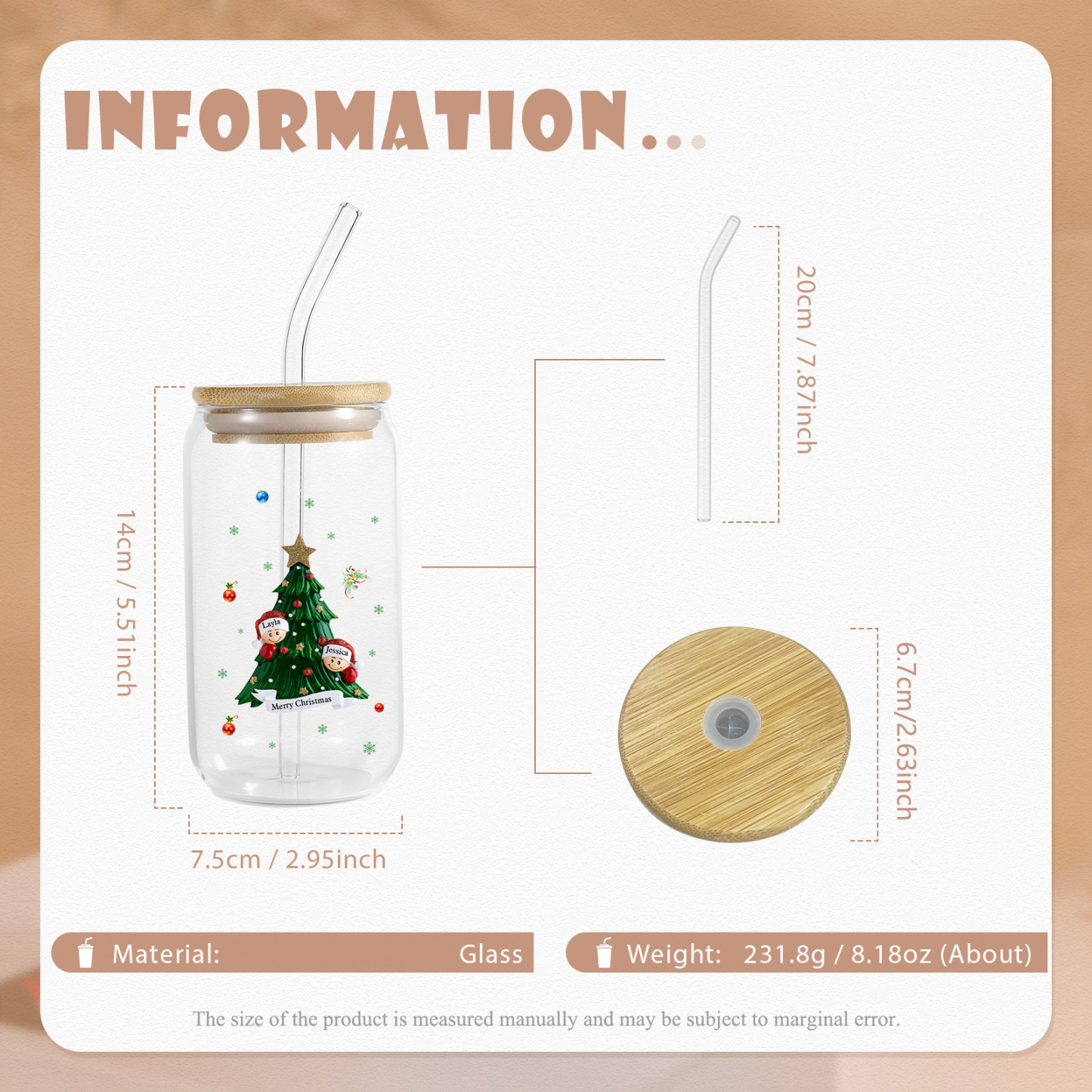 Personalisierte 2-6 Name & Text Weihnachts-Getränke-Jar mit Baum & Schneemannmotiv Glastasse mit Glasstrohhalm – Festliche Trinkfreude