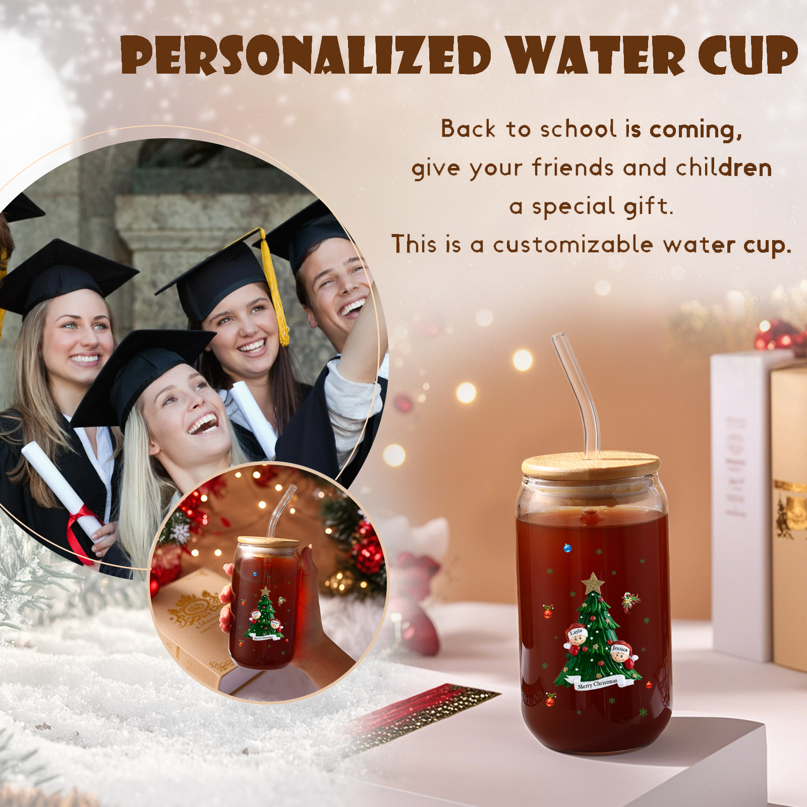 Personalisierte 2-6 Name & Text Weihnachts-Getränke-Jar mit Baum & Schneemannmotiv Glastasse mit Glasstrohhalm – Festliche Trinkfreude