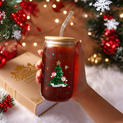 Personalisierte 2-6 Name & Text Weihnachts-Getränke-Jar mit Baum & Schneemannmotiv Glastasse mit Glasstrohhalm – Festliche Trinkfreude