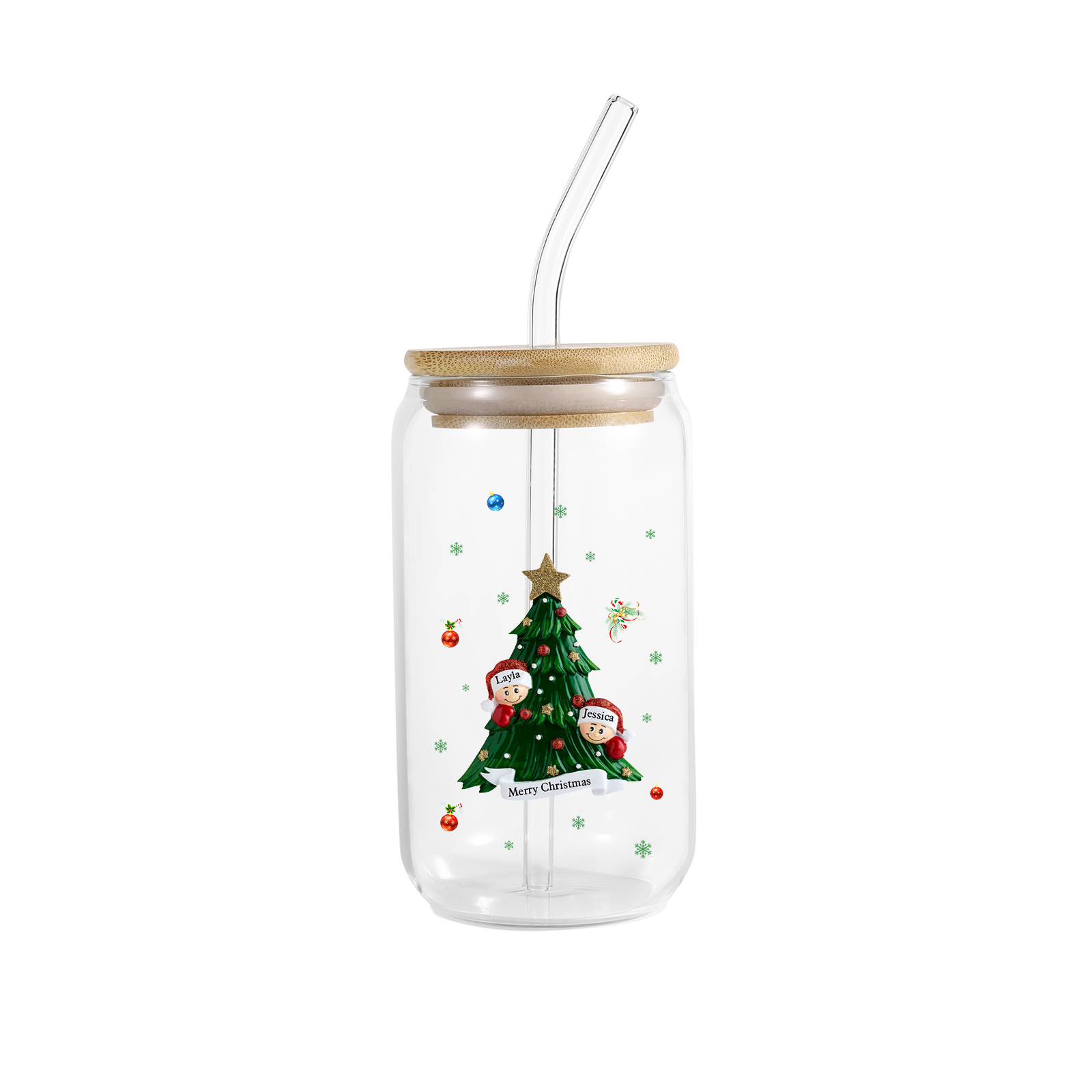 Personalisierte 2-6 Name & Text Weihnachts-Getränke-Jar mit Baum & Schneemannmotiv Glastasse mit Glasstrohhalm – Festliche Trinkfreude