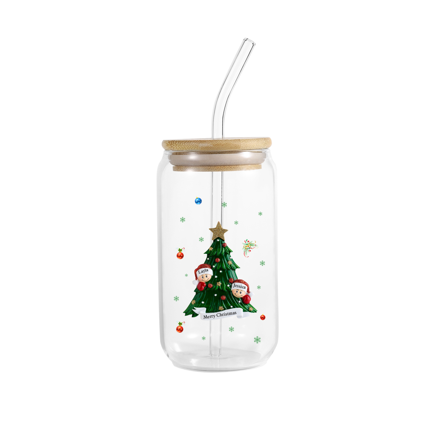 Personalisierte 2-6 Name & Text Weihnachts-Getränke-Jar mit Baum & Schneemannmotiv Glastasse mit Glasstrohhalm – Festliche Trinkfreude