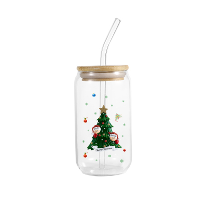 Personalisierte 2-6 Name & Text Weihnachts-Getränke-Jar mit Baum & Schneemannmotiv Glastasse mit Glasstrohhalm – Festliche Trinkfreude