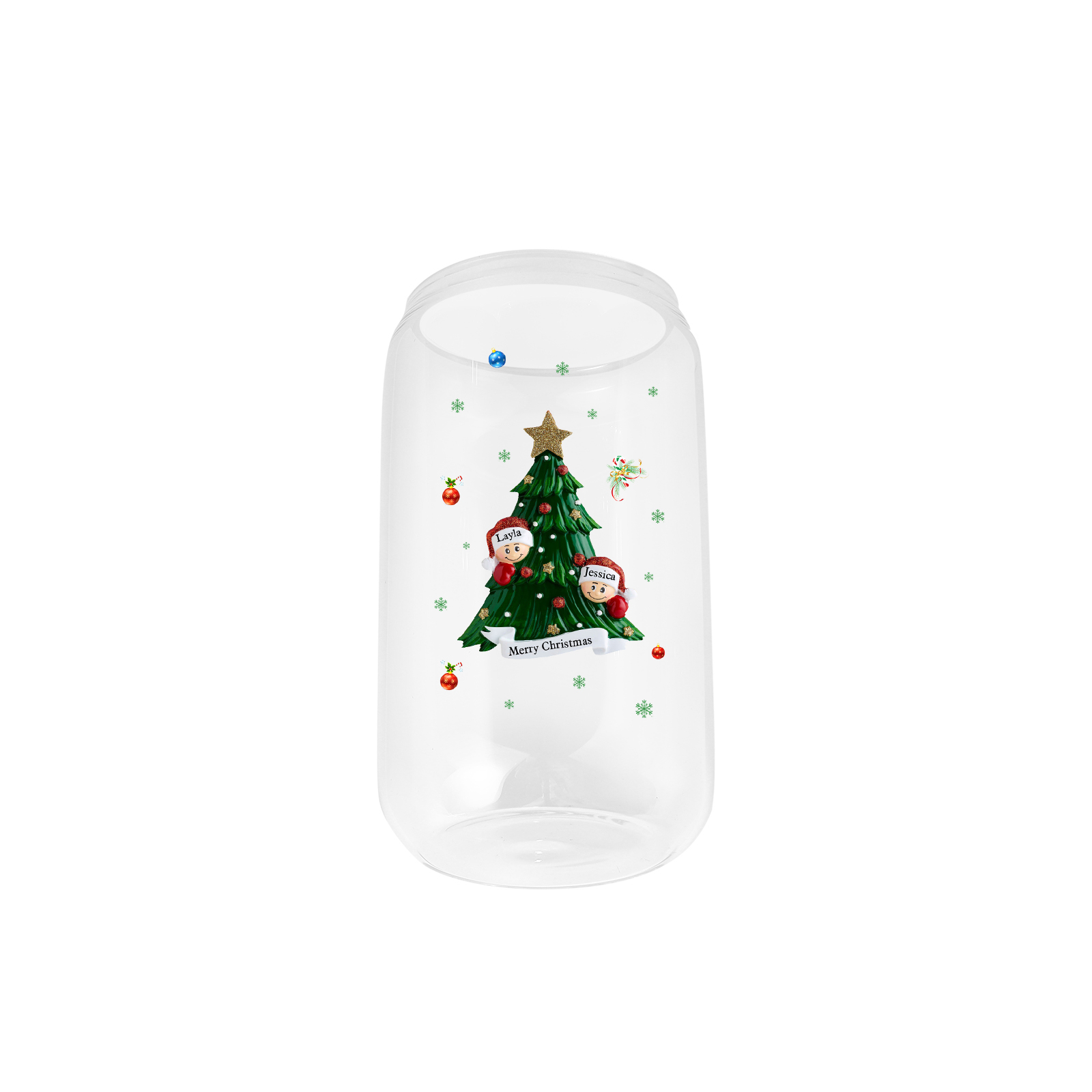 Personalisierte 2-6 Name & Text Weihnachts-Getränke-Jar mit Baum & Schneemannmotiv Glastasse mit Glasstrohhalm – Festliche Trinkfreude