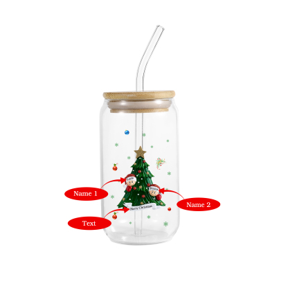 Personalisierte 2-6 Name & Text Weihnachts-Getränke-Jar mit Baum & Schneemannmotiv Glastasse mit Glasstrohhalm – Festliche Trinkfreude