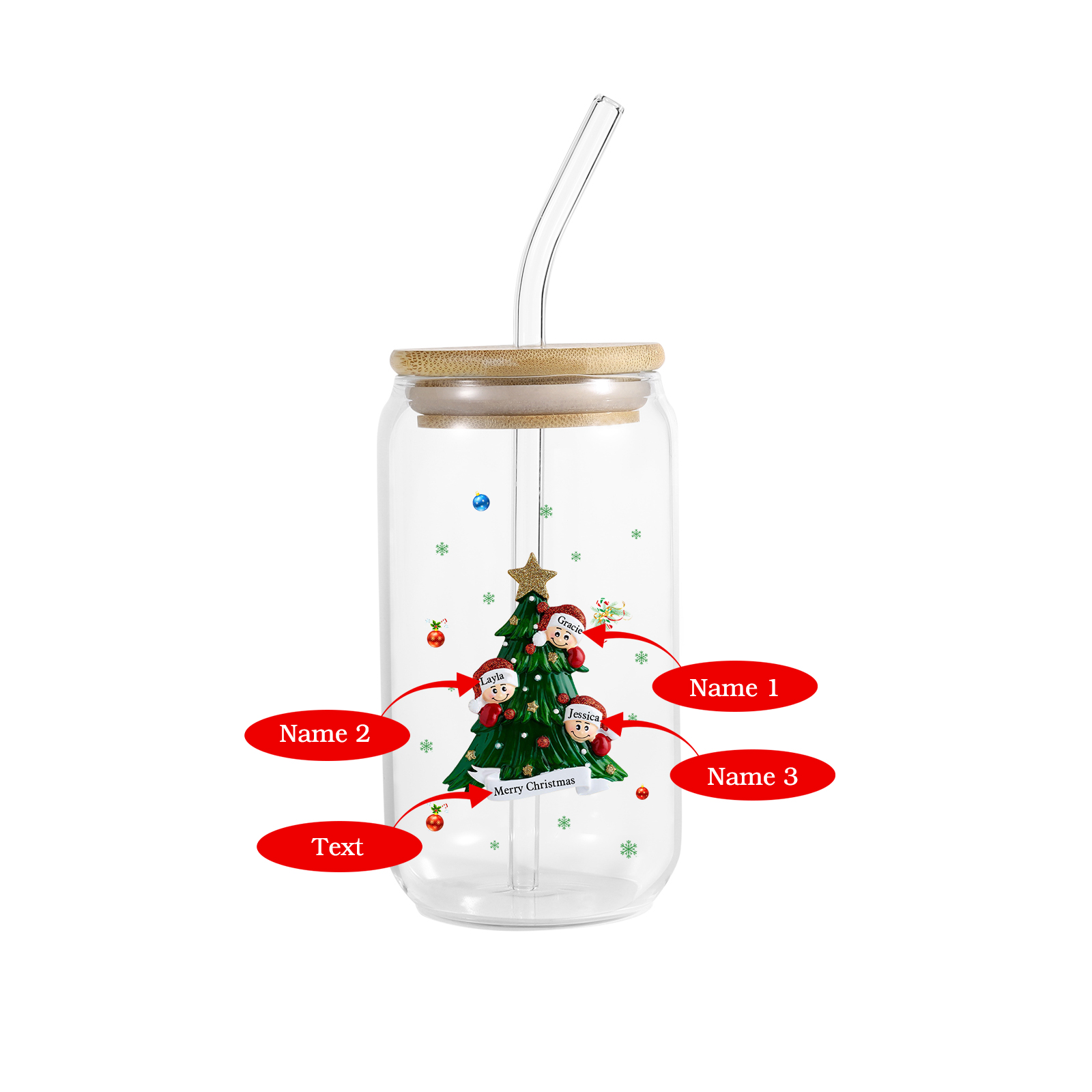 Personalisierte 2-6 Name & Text Weihnachts-Getränke-Jar mit Baum & Schneemannmotiv Glastasse mit Glasstrohhalm – Festliche Trinkfreude
