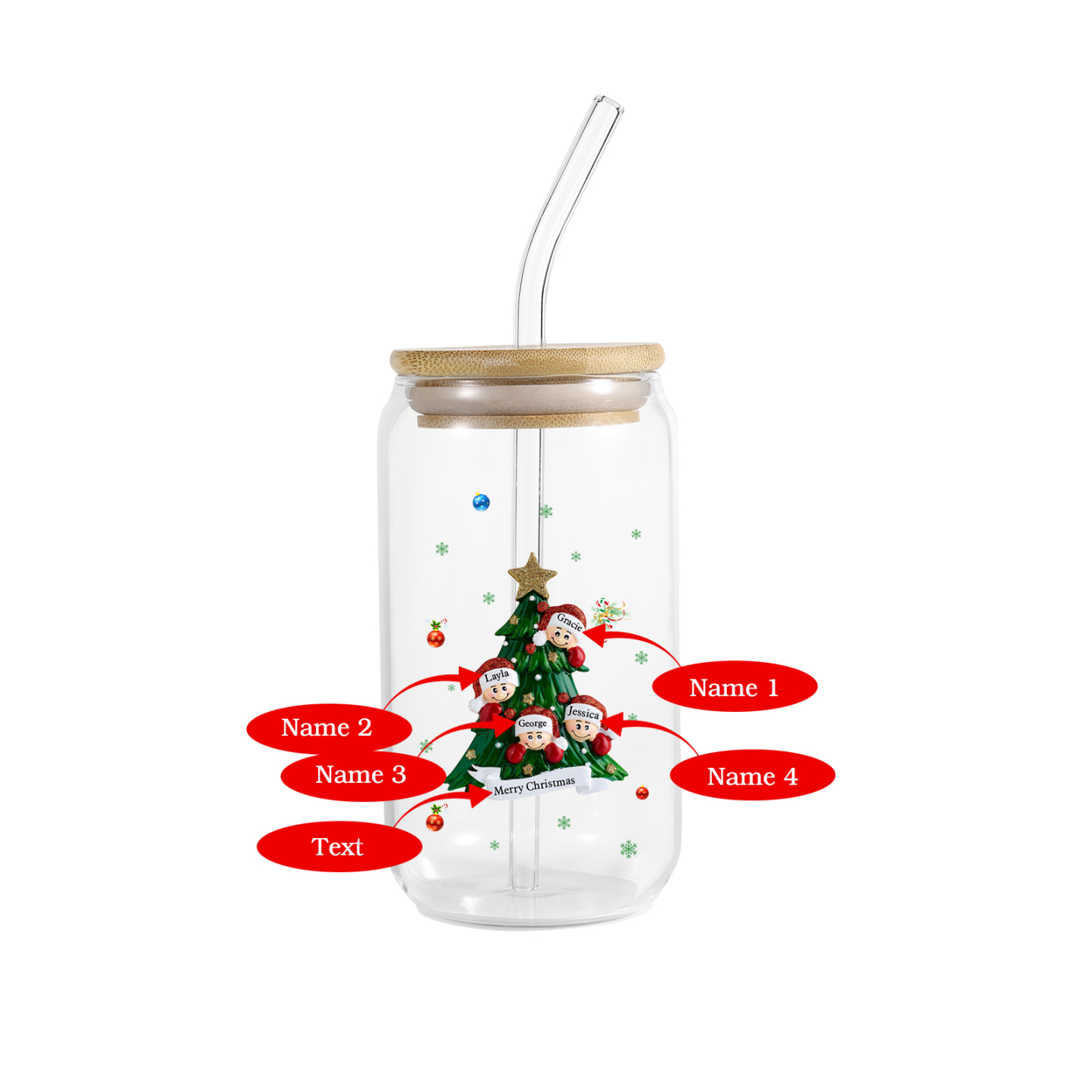 Personalisierte 2-6 Name & Text Weihnachts-Getränke-Jar mit Baum & Schneemannmotiv Glastasse mit Glasstrohhalm – Festliche Trinkfreude