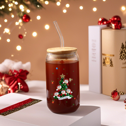 Personalisierte 2-6 Name & Text Weihnachts-Getränke-Jar mit Baum & Schneemannmotiv Glastasse mit Glasstrohhalm – Festliche Trinkfreude