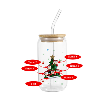 Personalisierte 2-6 Name & Text Weihnachts-Getränke-Jar mit Baum & Schneemannmotiv Glastasse mit Glasstrohhalm – Festliche Trinkfreude