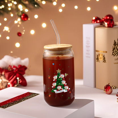 Personalisierte 2-6 Name & Text Weihnachts-Getränke-Jar mit Baum & Schneemannmotiv Glastasse mit Glasstrohhalm – Festliche Trinkfreude