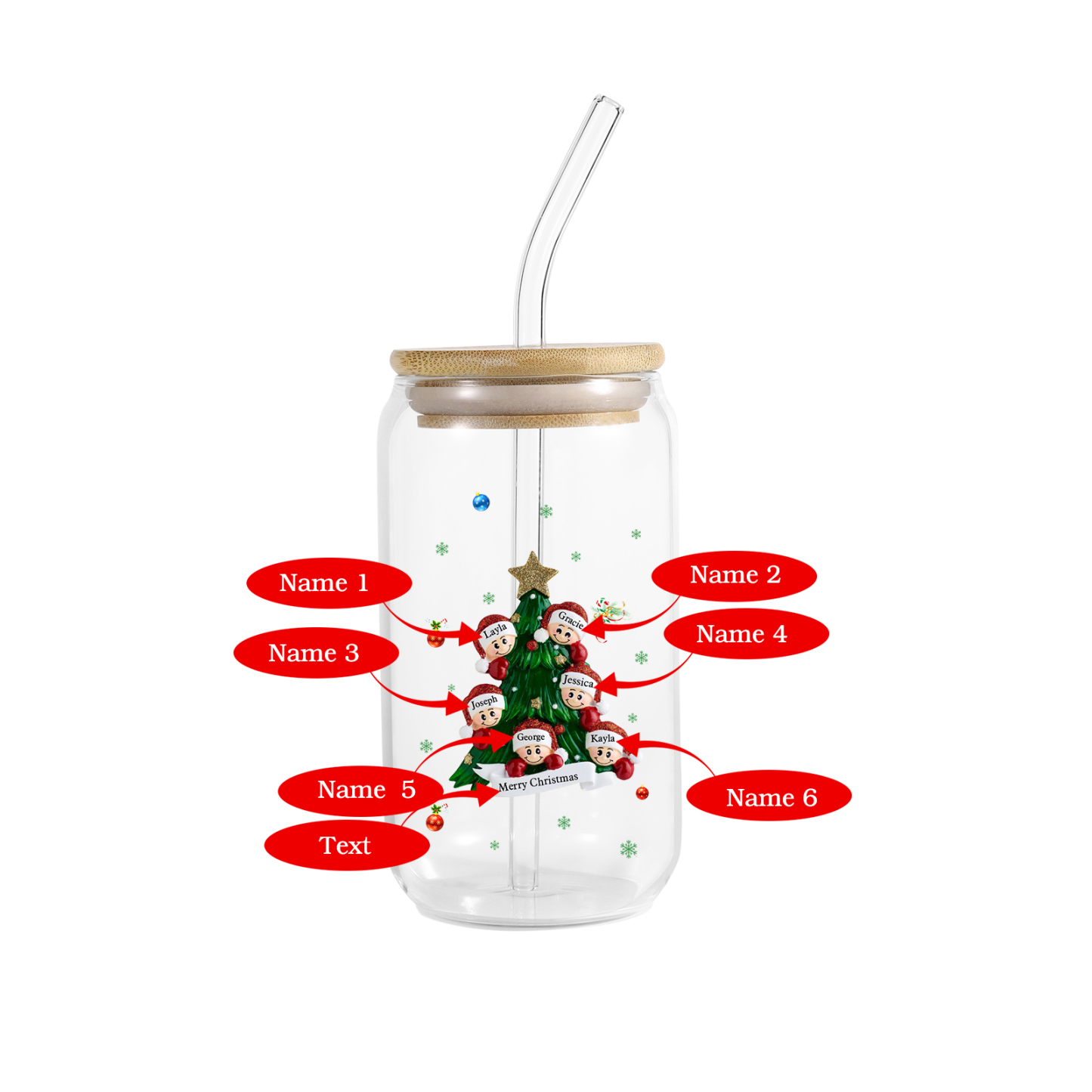 Personalisierte 2-6 Name & Text Weihnachts-Getränke-Jar mit Baum & Schneemannmotiv Glastasse mit Glasstrohhalm – Festliche Trinkfreude
