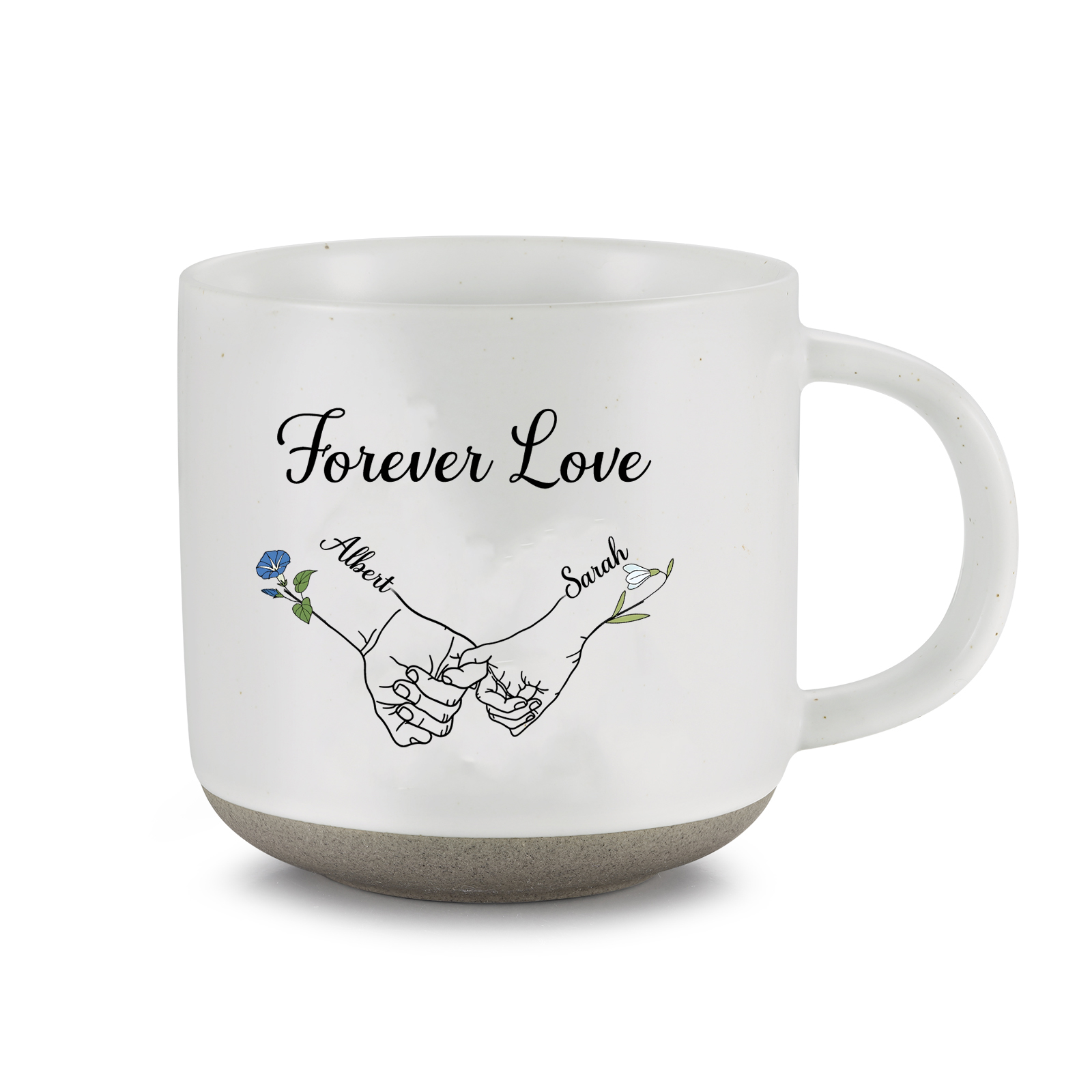 Personalisierte 2 Namen & 2 Geburtsblumen & Text Hand-in-Hand Keramik Mark-Tasse in 4 Farben – Einzigartiges Geschenk für Paar