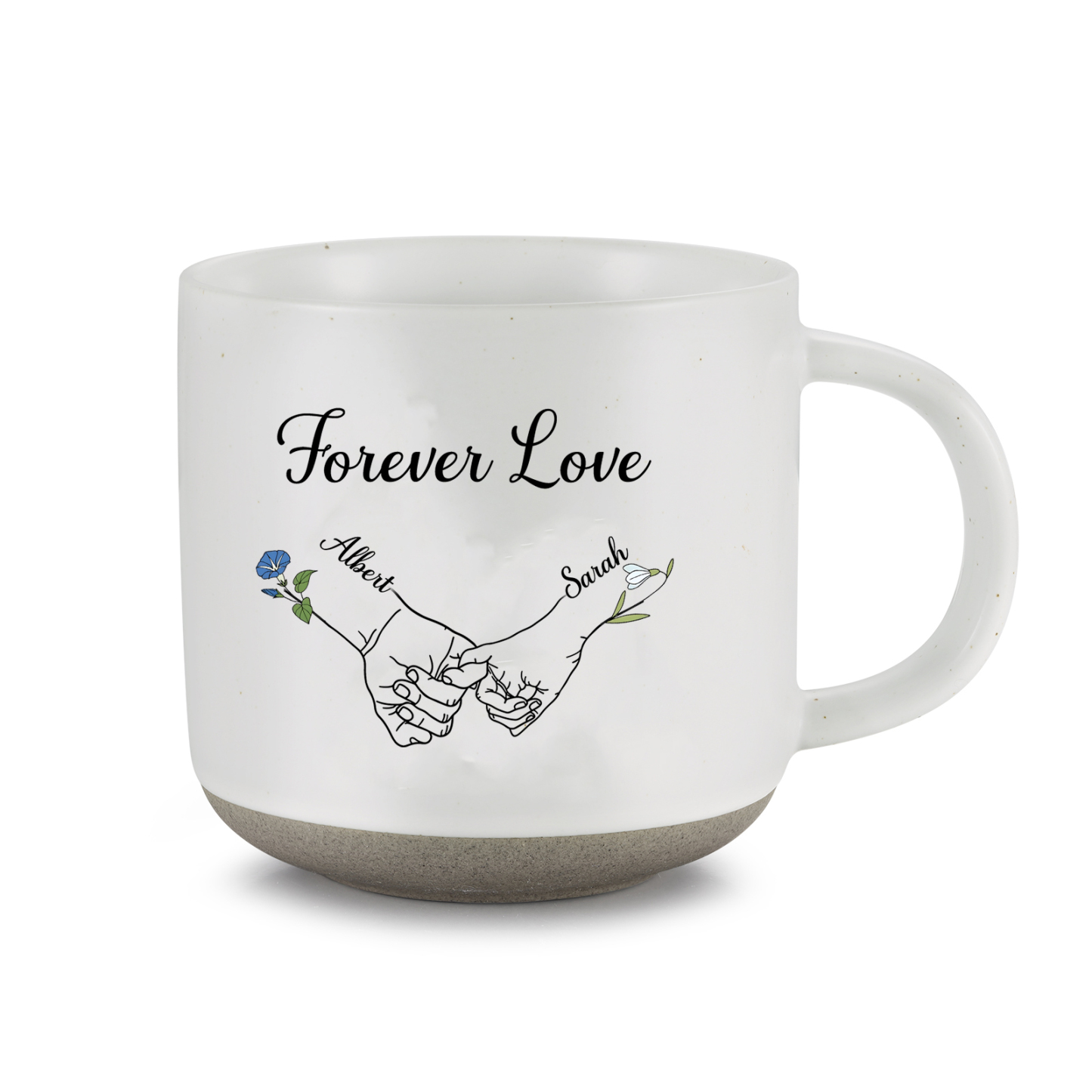 Personalisierte 2 Namen & 2 Geburtsblumen & Text Hand-in-Hand Keramik Mark-Tasse in 4 Farben – Einzigartiges Geschenk für Paar