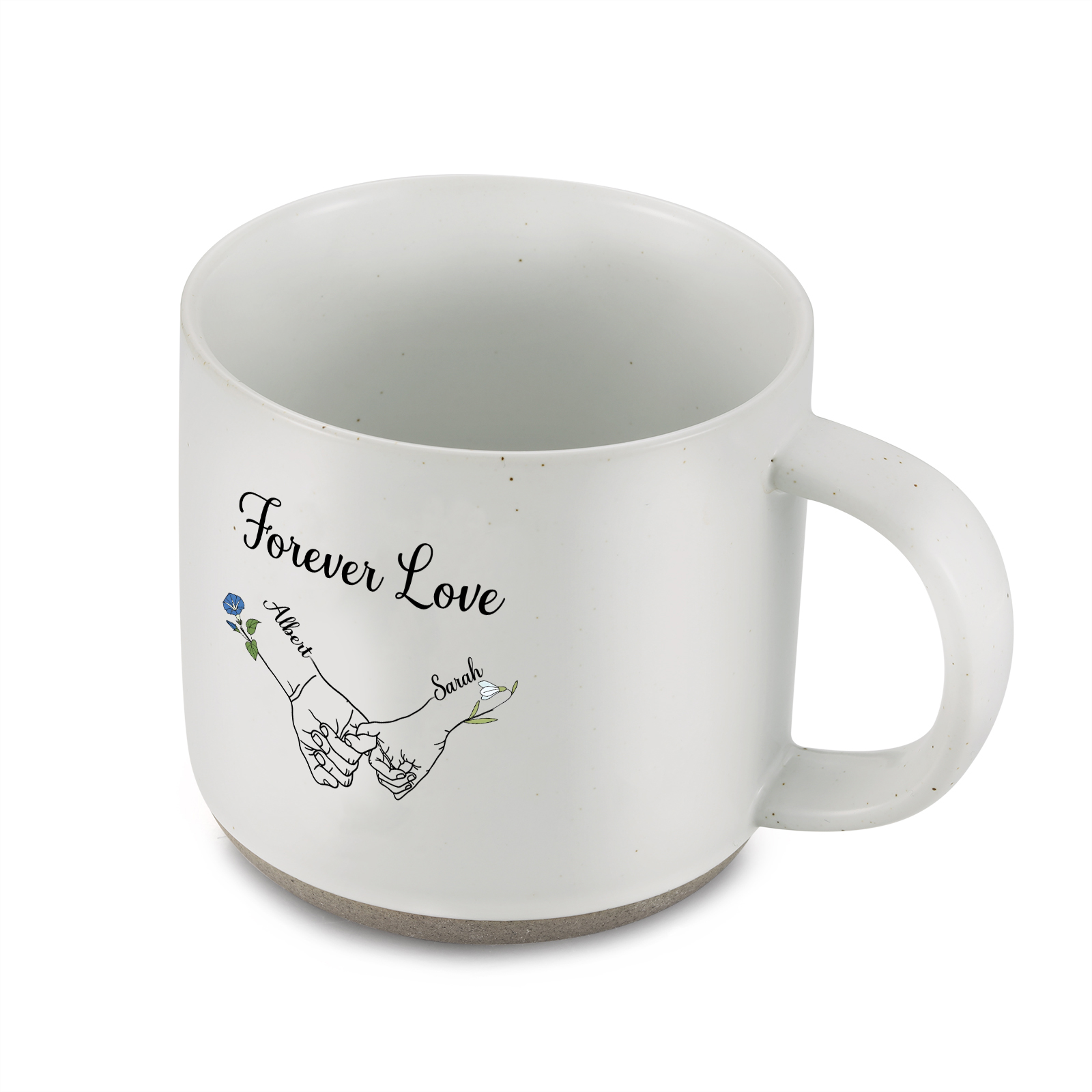 Personalisierte 2 Namen & 2 Geburtsblumen & Text Hand-in-Hand Keramik Mark-Tasse in 4 Farben – Einzigartiges Geschenk für Paar