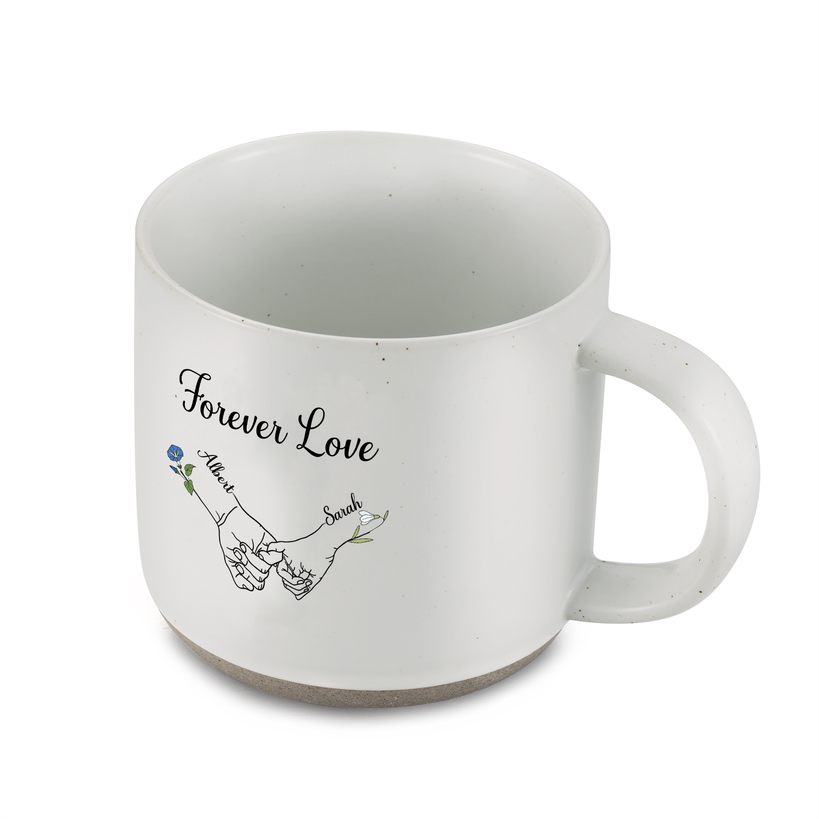 Personalisierte 2 Namen & 2 Geburtsblumen & Text Hand-in-Hand Keramik Mark-Tasse in 4 Farben – Einzigartiges Geschenk für Paar