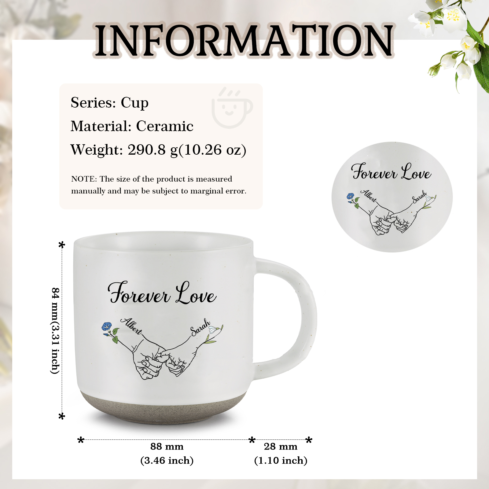 Personalisierte 2 Namen & 2 Geburtsblumen & Text Hand-in-Hand Keramik Mark-Tasse in 4 Farben – Einzigartiges Geschenk für Paar