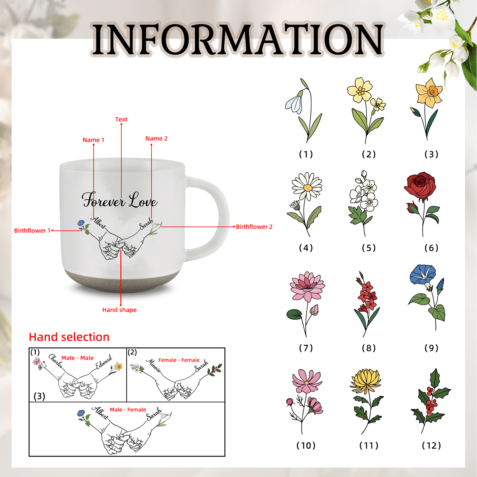 Personalisierte 2 Namen & 2 Geburtsblumen & Text Hand-in-Hand Keramik Mark-Tasse in 4 Farben – Einzigartiges Geschenk für Paar