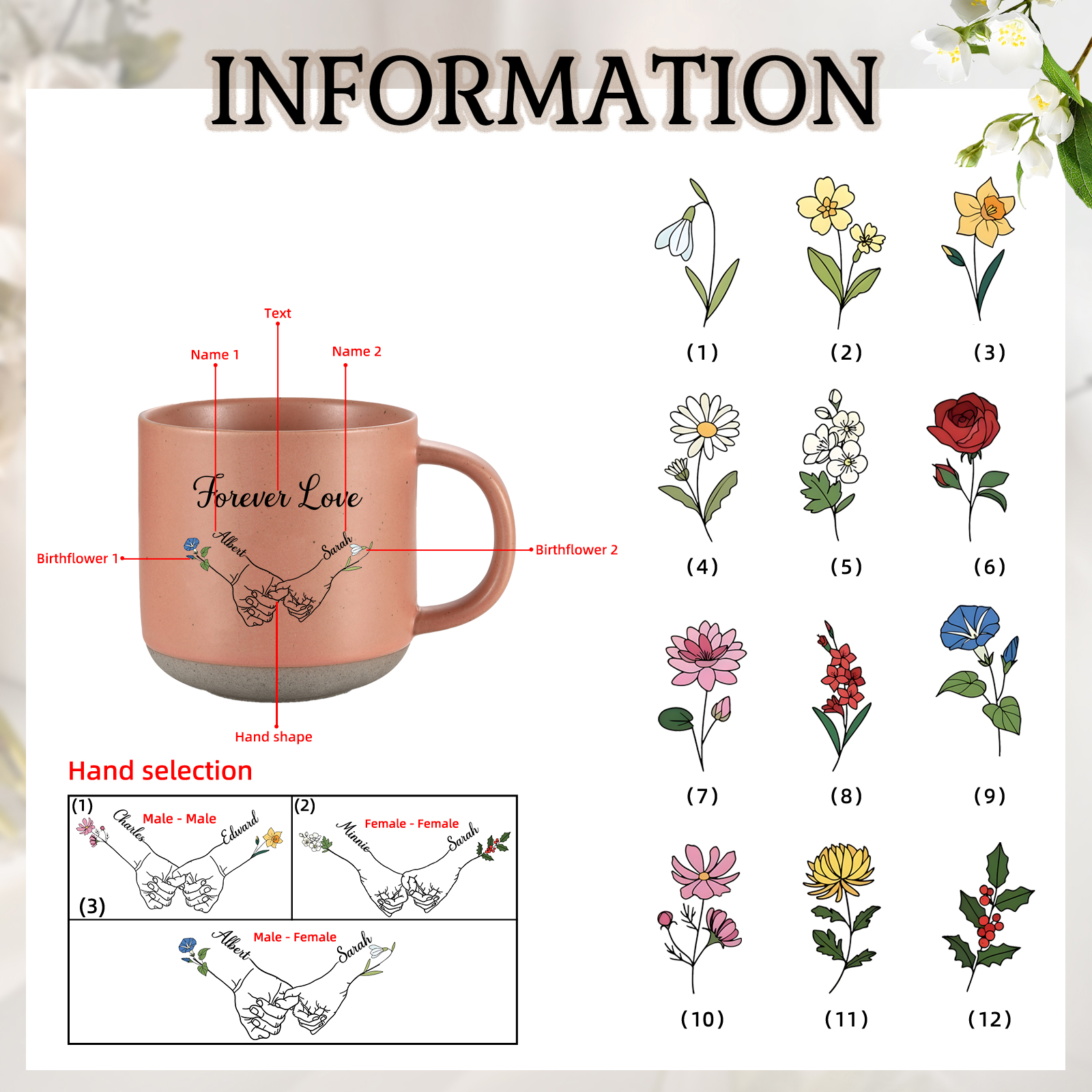 Personalisierte 2 Namen & 2 Geburtsblumen & Text Hand-in-Hand Keramik Mark-Tasse in 4 Farben – Einzigartiges Geschenk für Paar