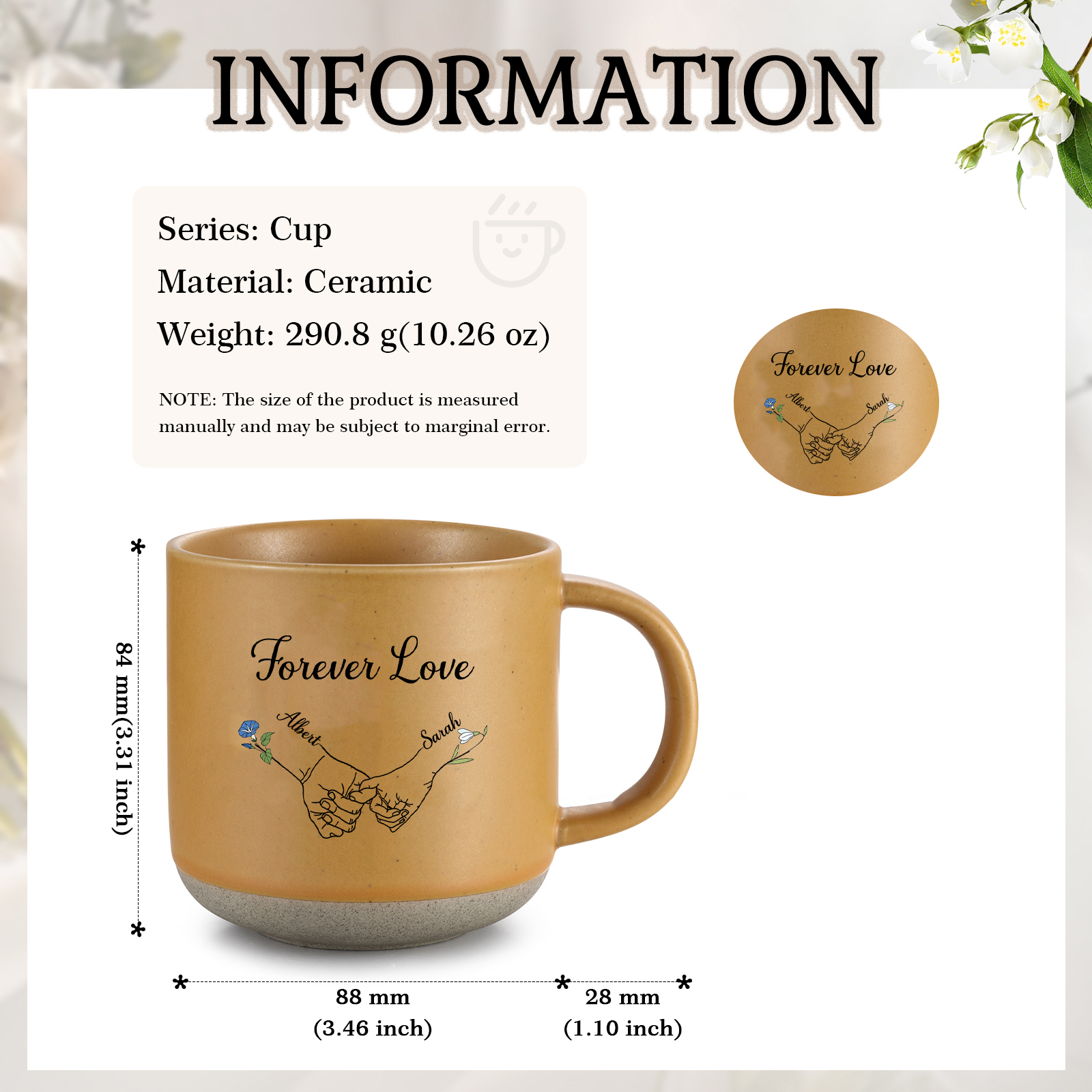 Personalisierte 2 Namen & 2 Geburtsblumen & Text Hand-in-Hand Keramik Mark-Tasse in 4 Farben – Einzigartiges Geschenk für Paar