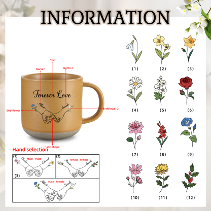 Personalisierte 2 Namen & 2 Geburtsblumen & Text Hand-in-Hand Keramik Mark-Tasse in 4 Farben – Einzigartiges Geschenk für Paar