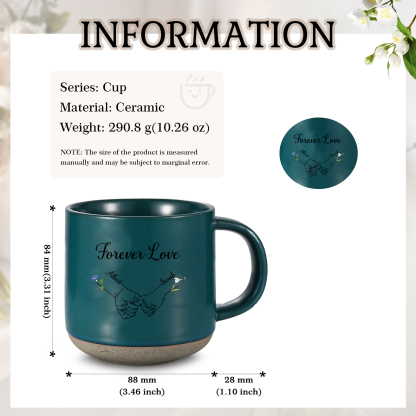 Personalisierte 2 Namen & 2 Geburtsblumen & Text Hand-in-Hand Keramik Mark-Tasse in 4 Farben – Einzigartiges Geschenk für Paar