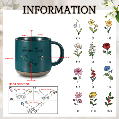 Personalisierte 2 Namen & 2 Geburtsblumen & Text Hand-in-Hand Keramik Mark-Tasse in 4 Farben – Einzigartiges Geschenk für Paar