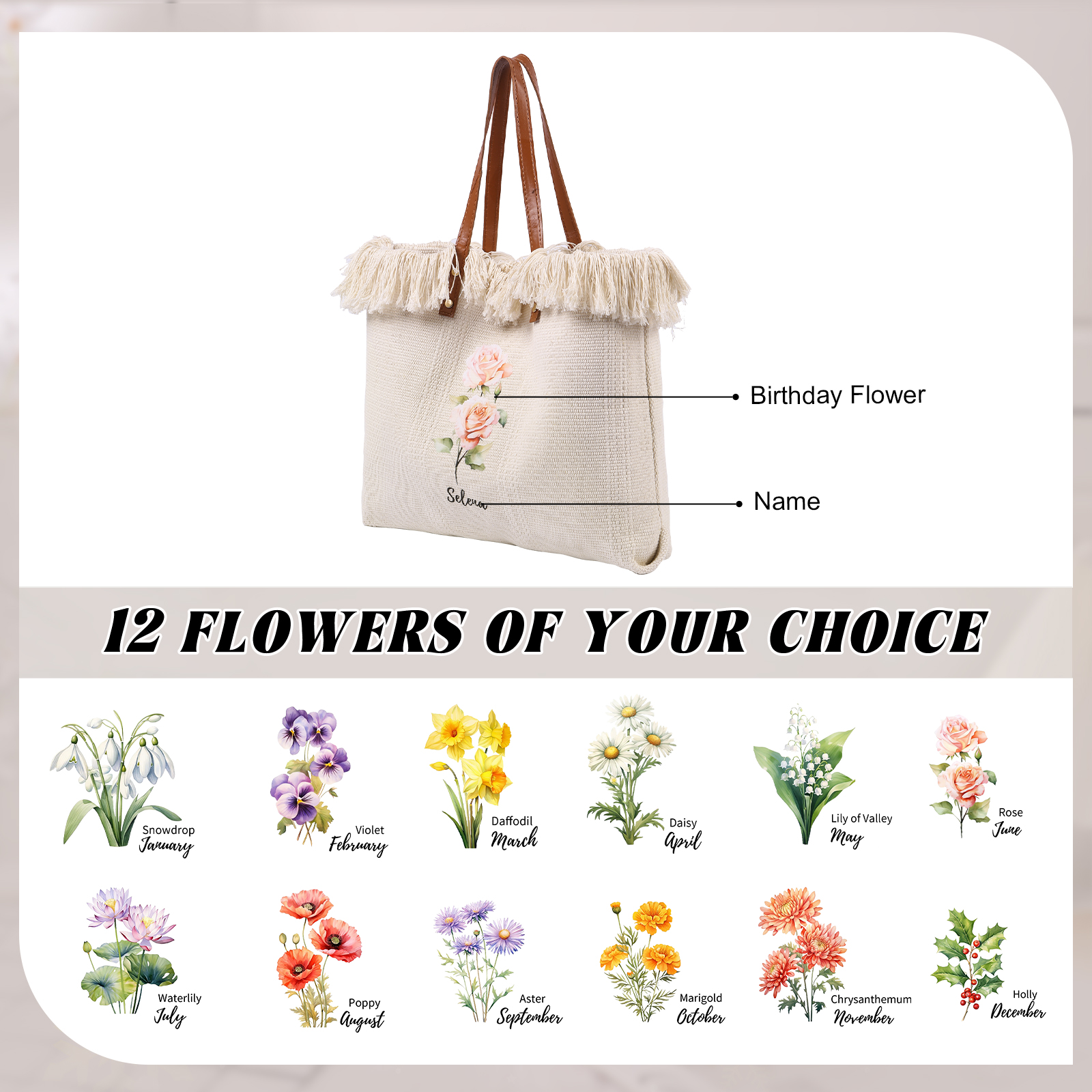 Personalisierbare mit 1 Geburtsblume & 1 Name Segeltuchtasche – Einzigartig für dich gestaltet