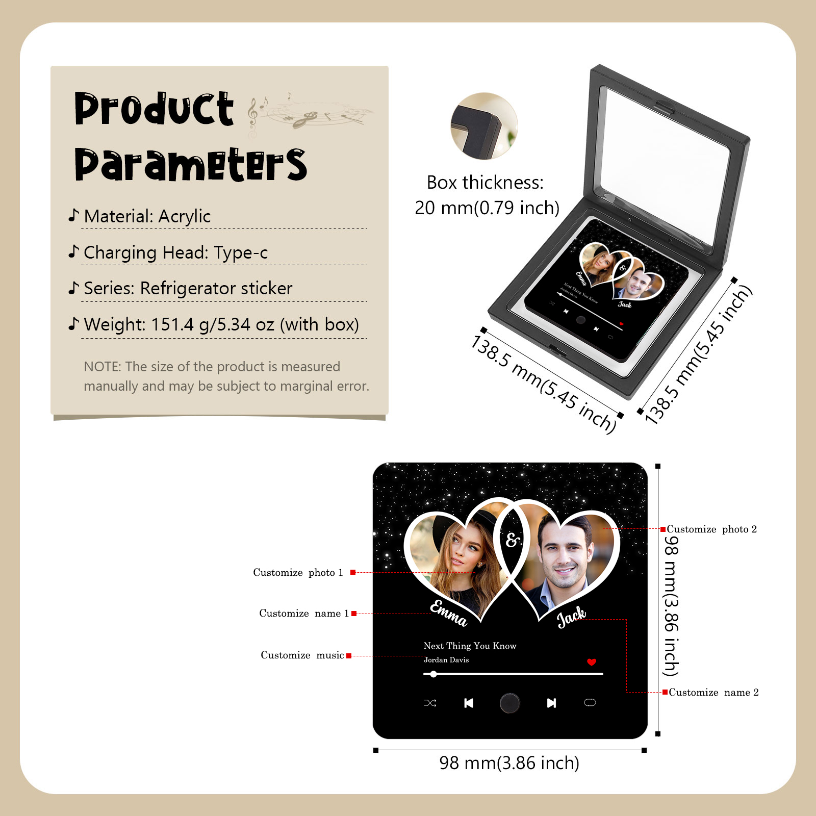 Personalisiertes 2 Fotos & 2 Namen & Lied Acryl-Kühlschrankmagnet & Foto & 2 Namen Metall-Schlüsselanhänger – Liebe braucht nur zwei Herzen – Schlüsselanhänger & Kühlschrankmagnet & Stift Geschenkbox Set für Paar