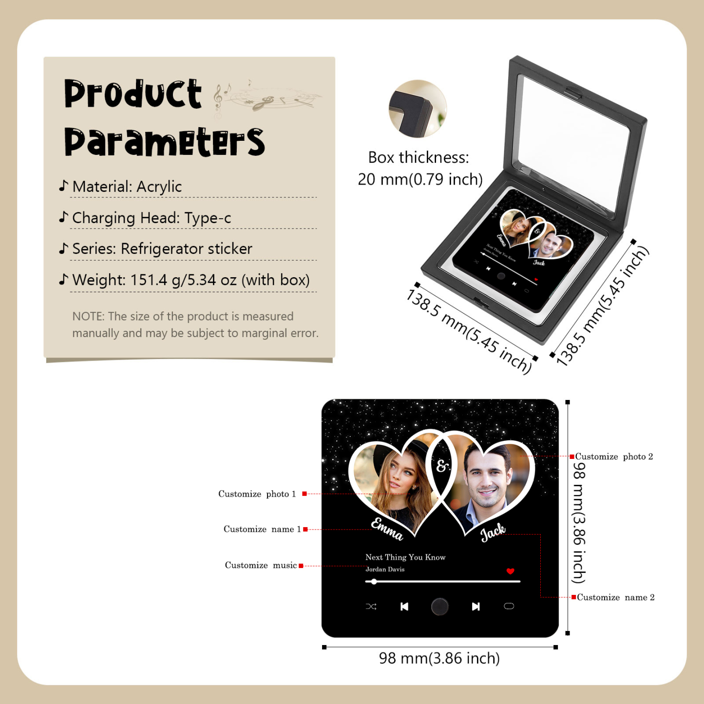 Personalisiertes 2 Fotos & 2 Namen & Lied Acryl-Kühlschrankmagnet & Foto & 2 Namen Metall-Schlüsselanhänger – Liebe braucht nur zwei Herzen – Schlüsselanhänger & Kühlschrankmagnet & Stift Geschenkbox Set für Paar