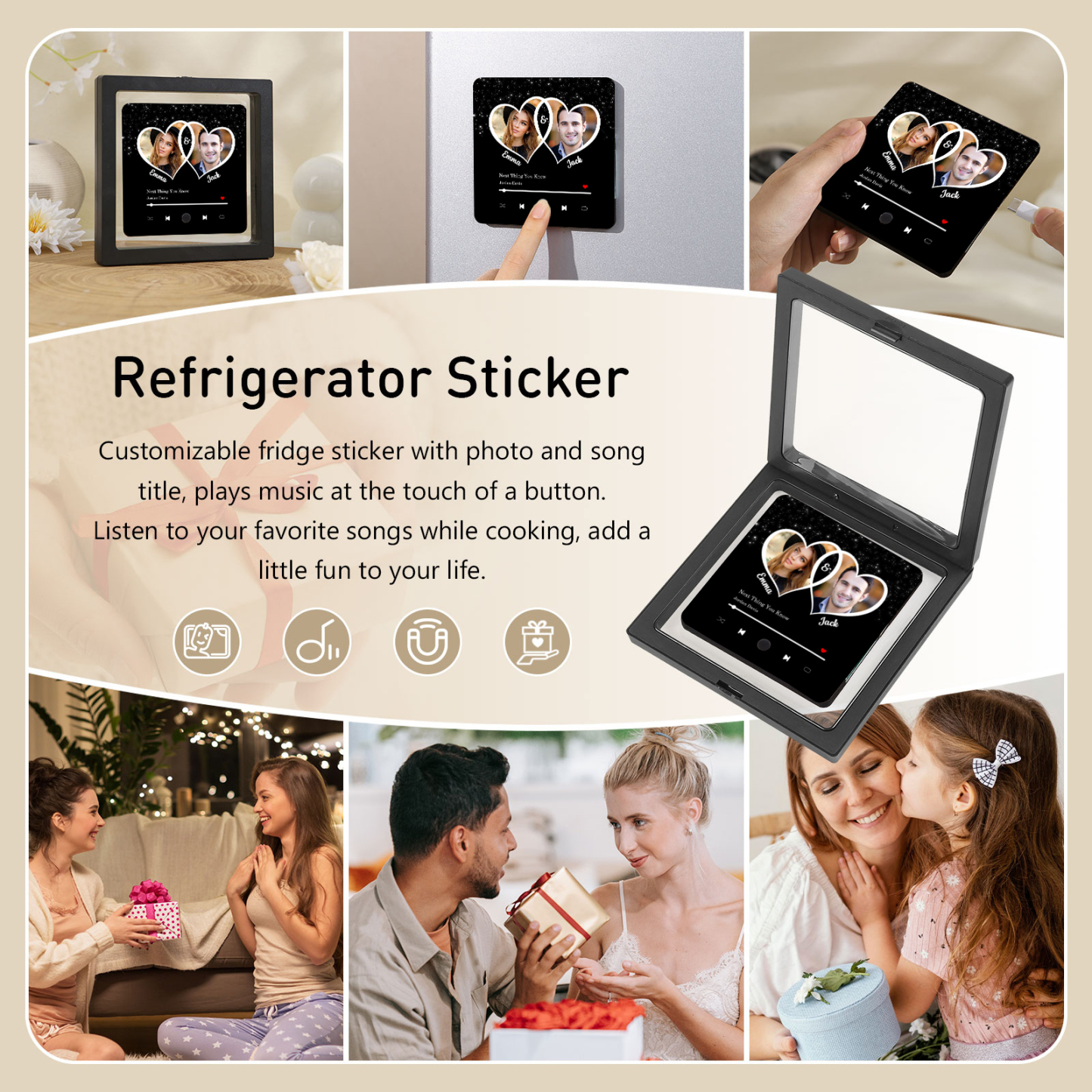 Personalisiertes 2 Fotos & 2 Namen & Lied Acryl-Kühlschrankmagnet & Foto & 2 Namen Metall-Schlüsselanhänger – Liebe braucht nur zwei Herzen – Schlüsselanhänger & Kühlschrankmagnet & Stift Geschenkbox Set für Paar