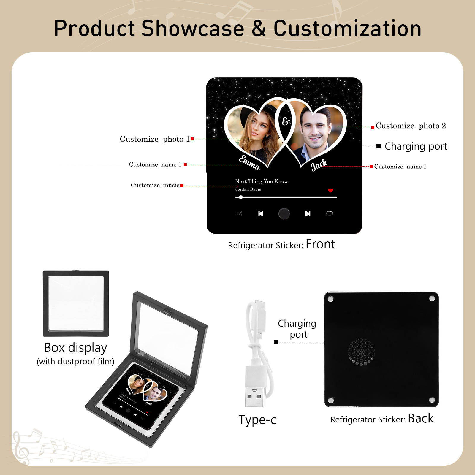 Personalisiertes 2 Fotos & 2 Namen & Lied Acryl-Kühlschrankmagnet & Foto & 2 Namen Metall-Schlüsselanhänger – Liebe braucht nur zwei Herzen – Schlüsselanhänger & Kühlschrankmagnet & Stift Geschenkbox Set für Paar