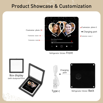 Personalisiertes 2 Fotos & 2 Namen & Lied Acryl-Kühlschrankmagnet & Foto & 2 Namen Metall-Schlüsselanhänger – Liebe braucht nur zwei Herzen – Schlüsselanhänger & Kühlschrankmagnet & Stift Geschenkbox Set für Paar