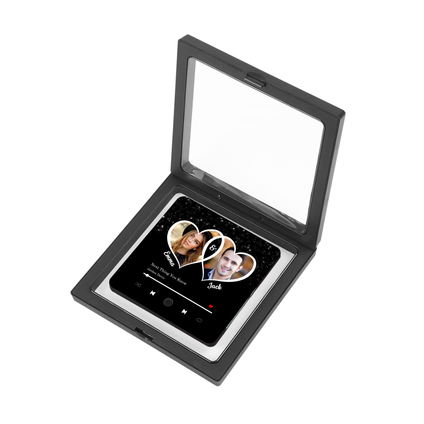 Personalisiertes 2 Fotos & 2 Namen & Lied Acryl-Kühlschrankmagnet & Foto & 2 Namen Metall-Schlüsselanhänger – Liebe braucht nur zwei Herzen – Schlüsselanhänger & Kühlschrankmagnet & Stift Geschenkbox Set für Paar