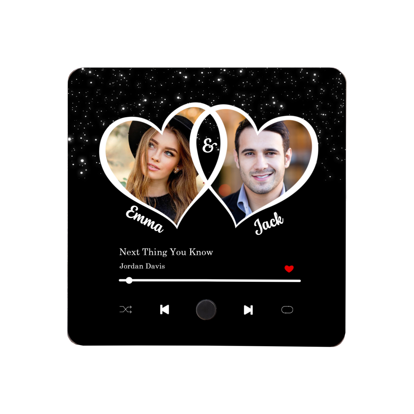 Personalisiertes 2 Fotos & 2 Namen & Lied Acryl-Kühlschrankmagnet & Foto & 2 Namen Metall-Schlüsselanhänger – Liebe braucht nur zwei Herzen – Schlüsselanhänger & Kühlschrankmagnet & Stift Geschenkbox Set für Paar