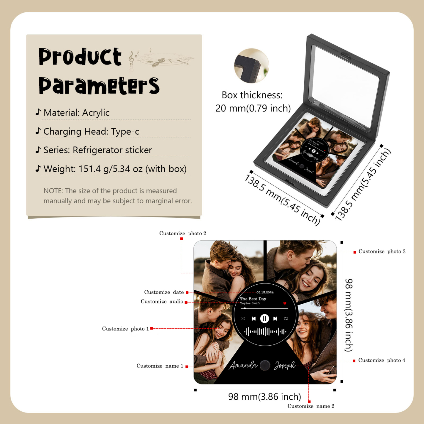 Personalisierte 4 Fotos & 2 Namen & Datum & Lied Herz Acryl-Kühlschrankmagnet für Paar