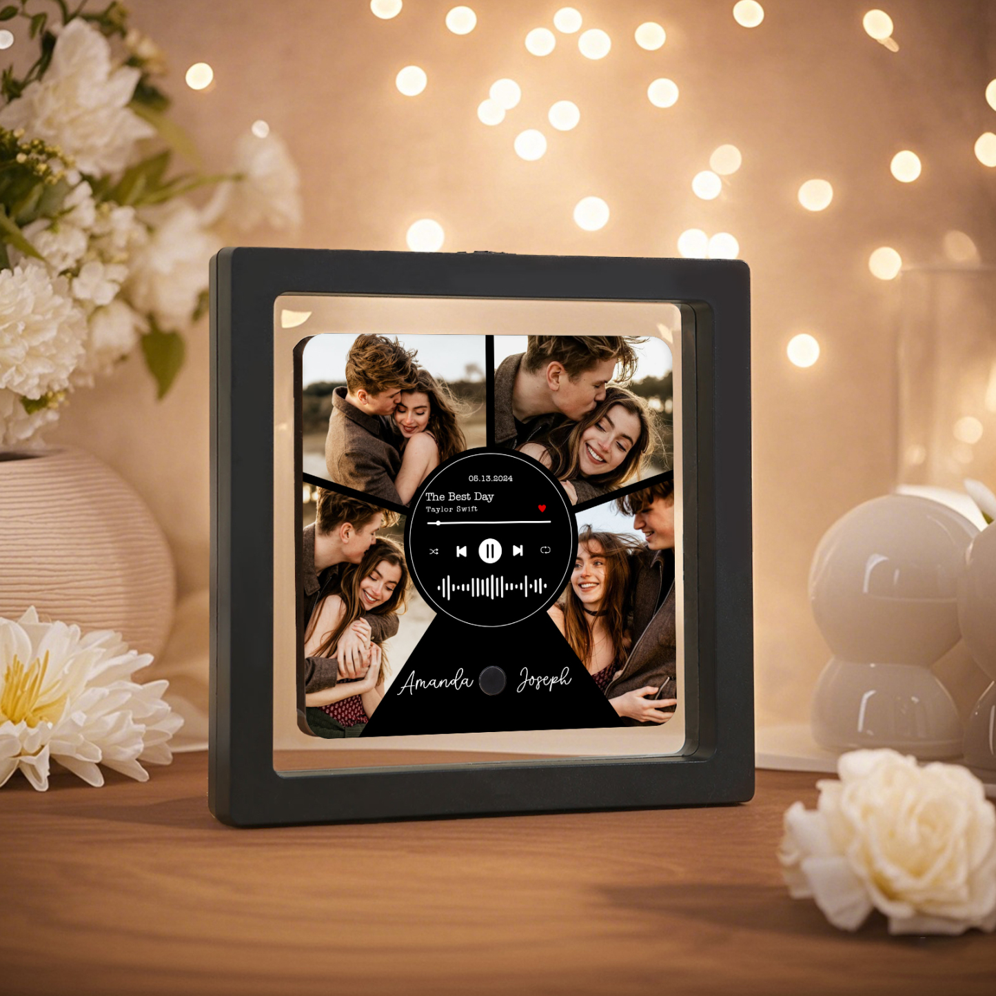 Personalisierte 4 Fotos & 2 Namen & Datum & Lied Herz Acryl-Kühlschrankmagnet für Paar