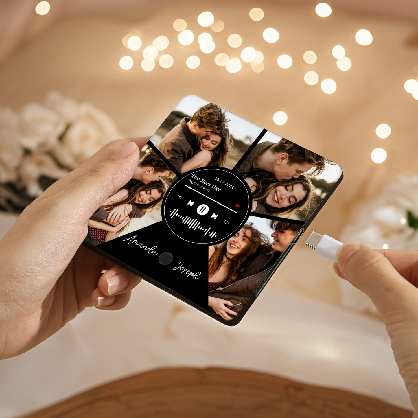 Personalisierte 4 Fotos & 2 Namen & Datum & Lied Herz Acryl-Kühlschrankmagnet für Paar